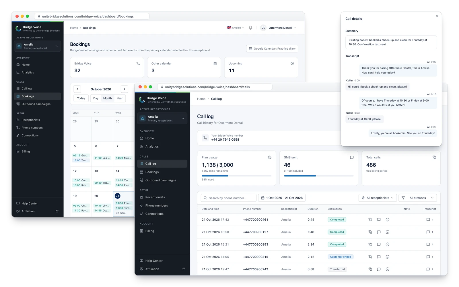 Bridge Voice dashboard for a dental practice: the bookings calendar, the call log with plan usage, and the transcript of a call where the AI receptionist books a check-up