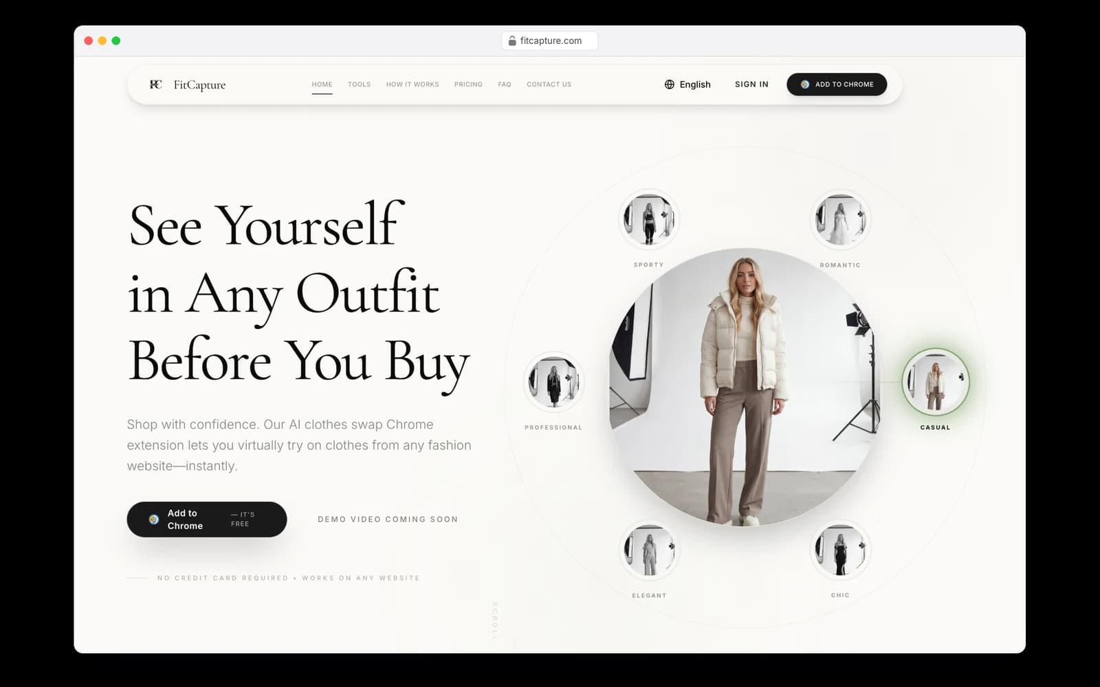 FitCapture's website in a browser window: "See yourself in any outfit before you buy", with one model shown in sporty, romantic, professional, casual, elegant and chic looks