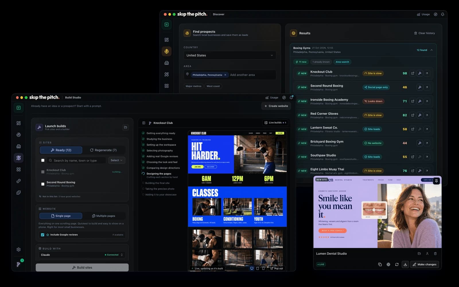 Skip the Pitch finding boxing gyms with weak websites and scoring them, building a site for one in the Build Studio, and a finished dental studio site in the showcase