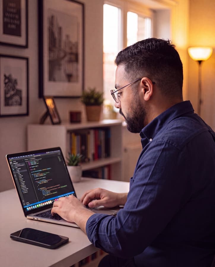 Sebastian Bennis working on code at his desk