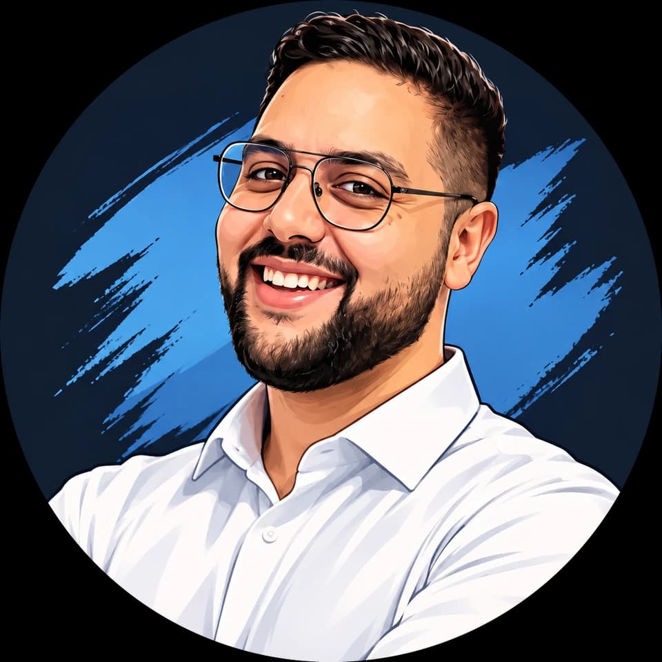 Illustrated portrait of Sebastian Bennis, smiling, in glasses and a white shirt